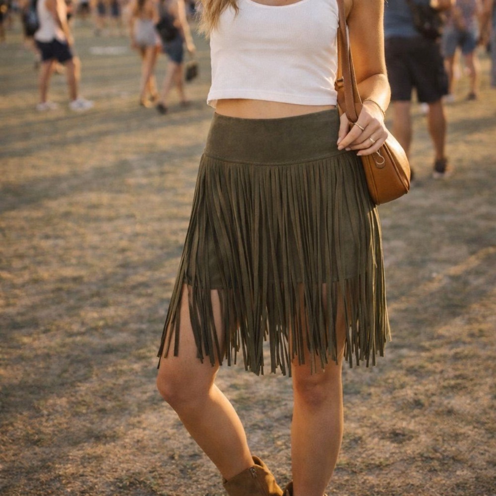 Hot & Delicious Olive Faux Suede Fringe Mini Skirt